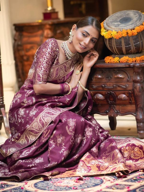 Bright Wine Color Soft Litchi Silk All Over Weaving Saree