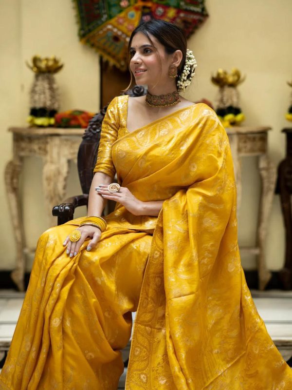 Yellow Soft Litchi Silk All Over Weaving Saree - Image 3