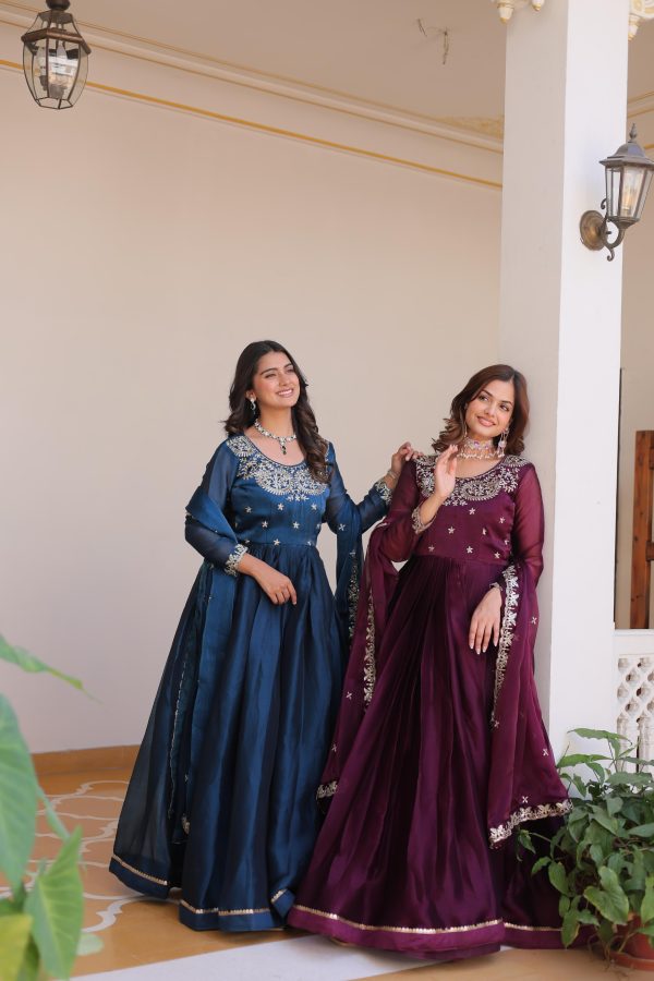 Blue Silk Sequence Work Gown - Image 2