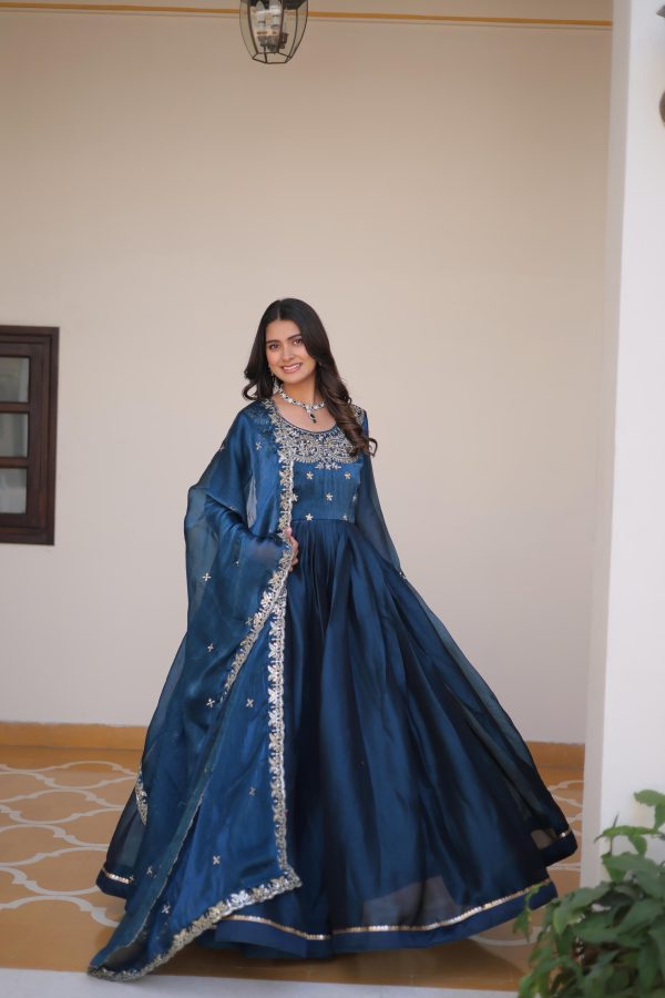 Blue Silk Sequence Work Gown - Image 3