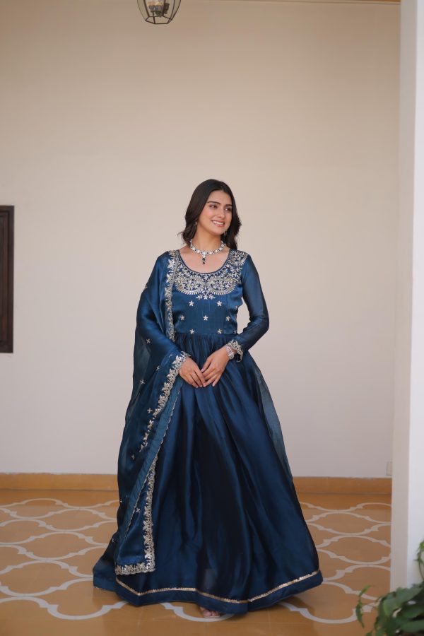 Blue Silk Sequence Work Gown - Image 4