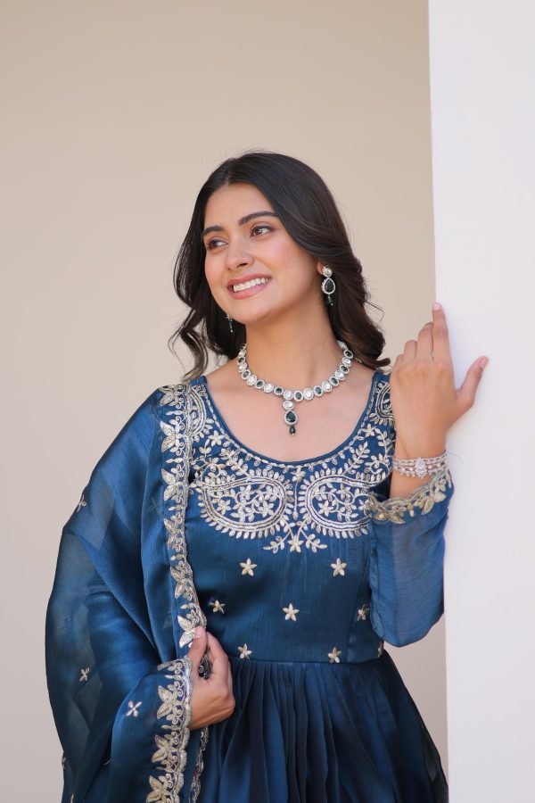Blue Silk Sequence Work Gown - Image 5