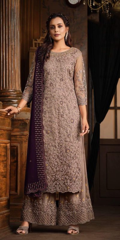Classic Cream Color Net With Coding Sequence Work Salwar Suit