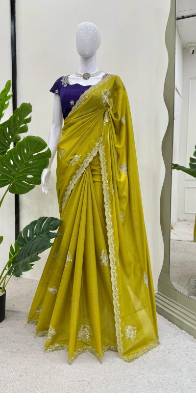 Classic Mustard Yellow Color Tesla Chiffon Work Thread Work Saree