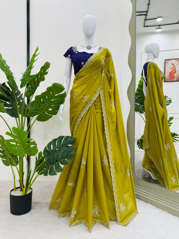 Mustard Yellow Tesla Chiffon Thread Work Saree - Image 3