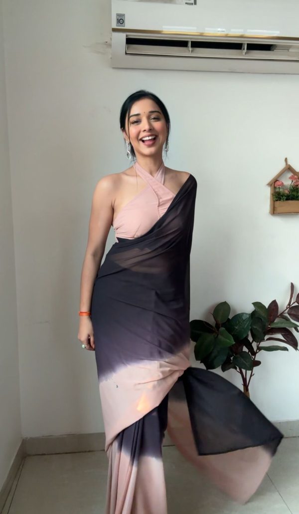 Peach Black Soft Georgette Silk Ready To Wear Saree - Image 2