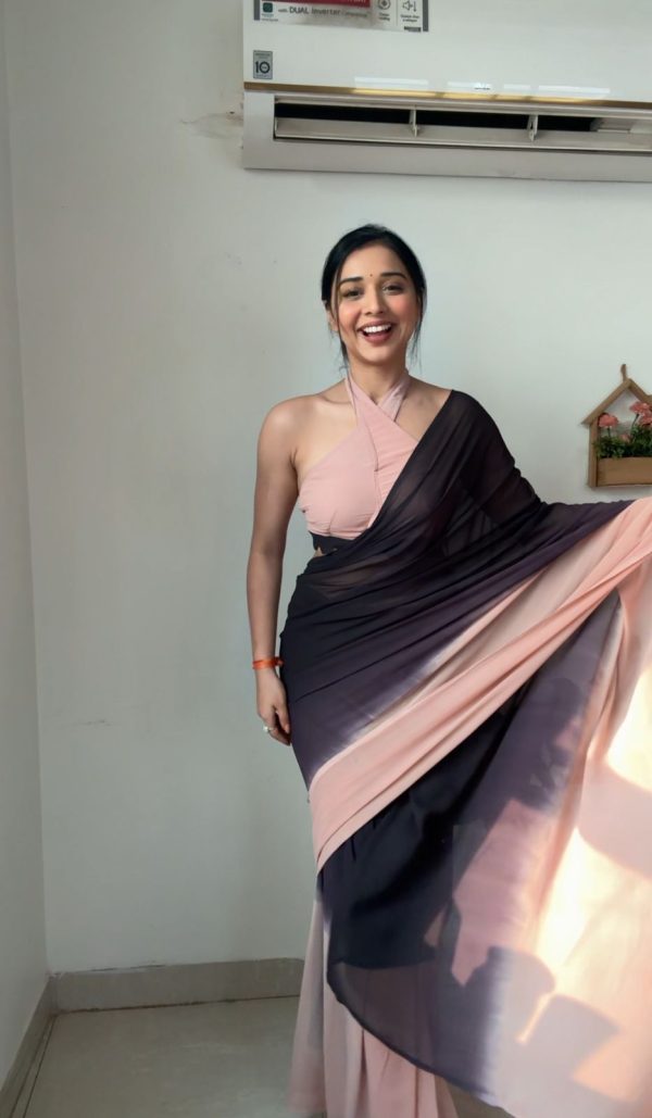 Peach Black Soft Georgette Silk Ready To Wear Saree - Image 4