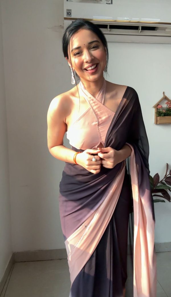 Peach Black Soft Georgette Silk Ready To Wear Saree - Image 5