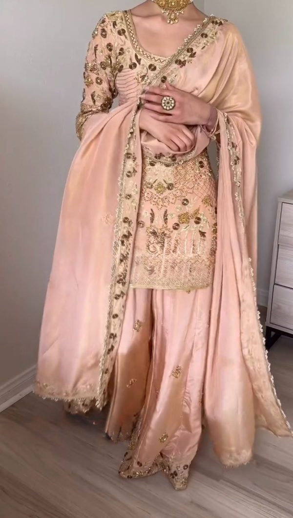 Peach Jalpari Cotton With Embroidery Sequence Salwar Suit - Image 4