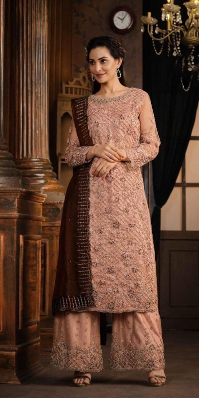 Classic Peach Color Net With Coding Sequence Work Salwar Suit