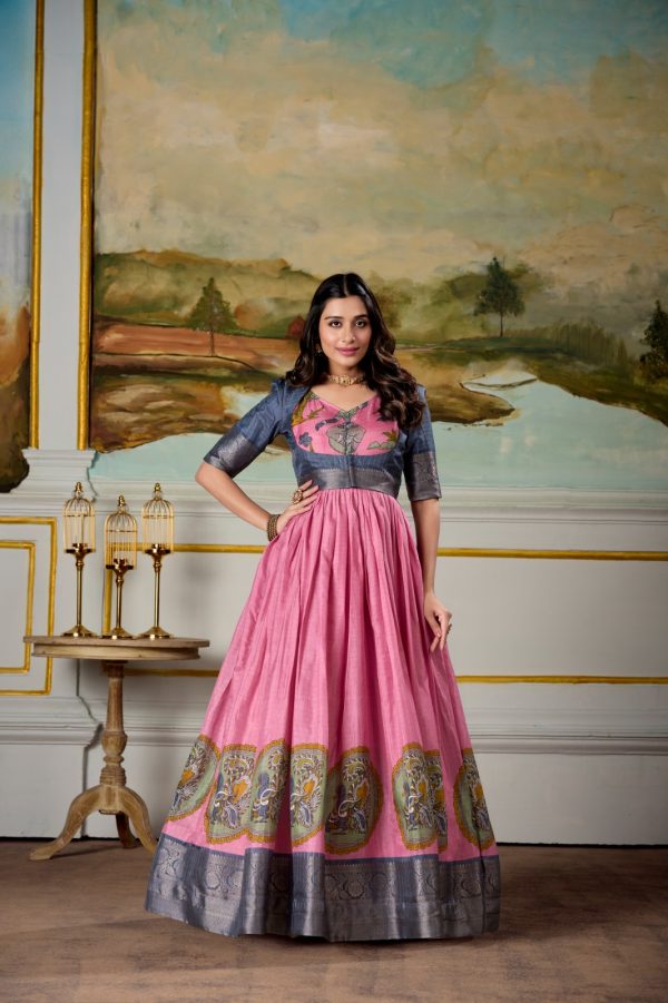 Pink Dola Silk Print Weaving Broder Gown - Image 3