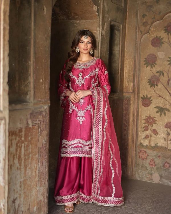 Classic Rani Pink Color Chinnon Silk Sequence Work Salwar Suit