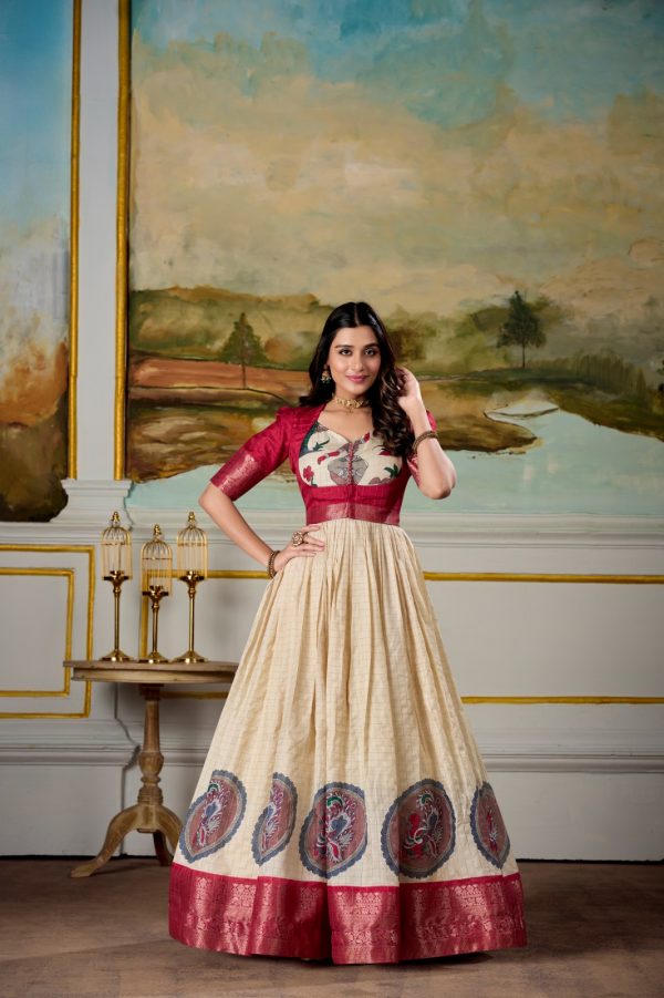 Red Dola Silk Print Weaving Broder Gown - Image 3