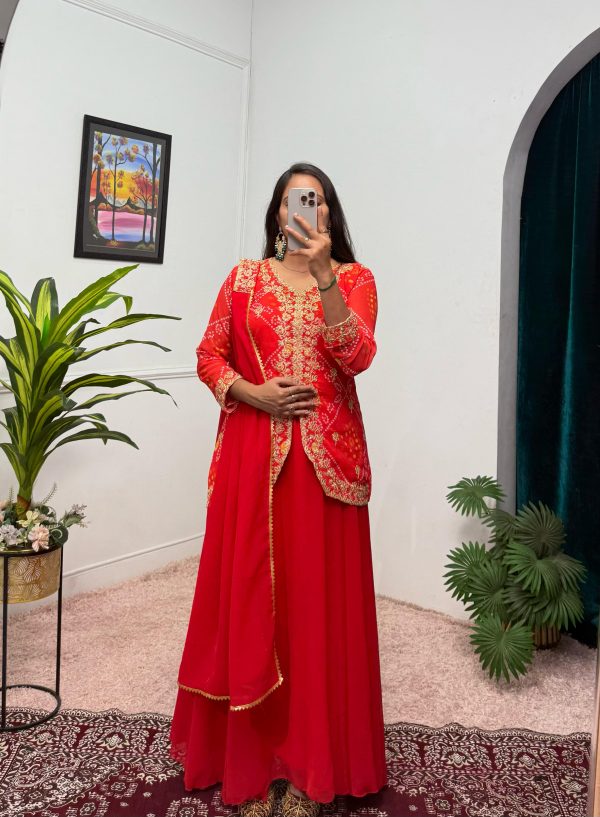 Classic Red Color Printed Faux Georgette Embroidery Work Salwar Suit