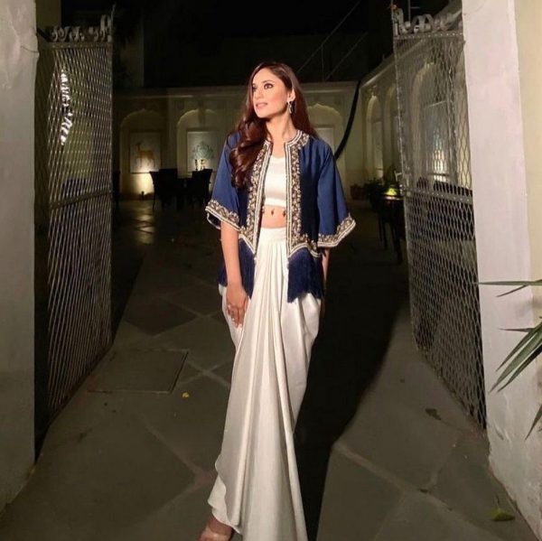 White Crape Silk Moti Lace On Blouse Dhoti Suit - Image 2