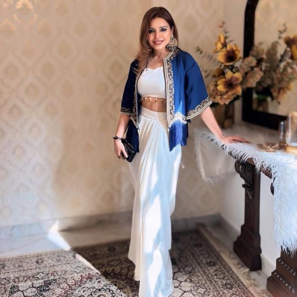 White Crape Silk Moti Lace On Blouse Dhoti Suit - Image 3