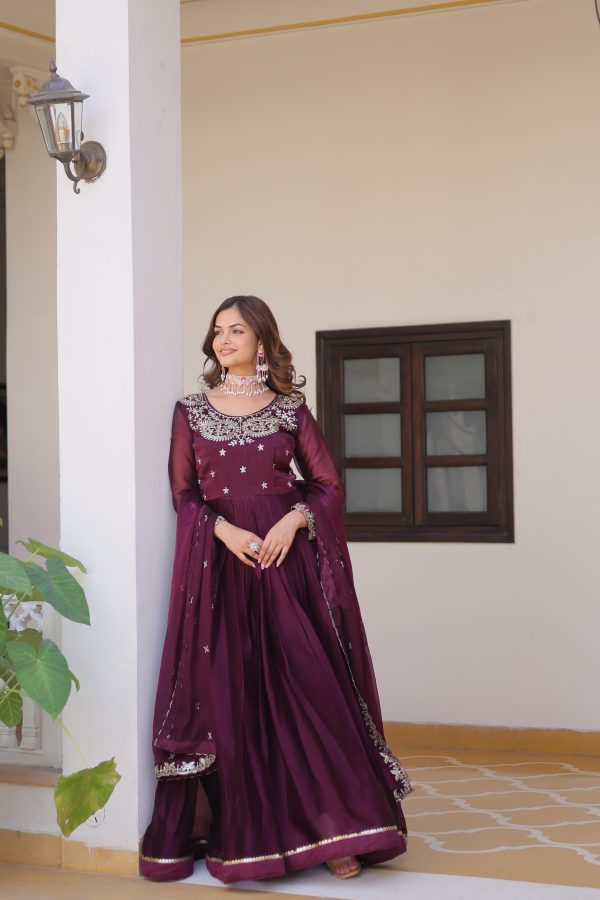 Wine Silk Sequence Work Gown - Image 2