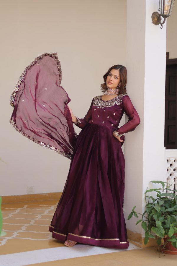 Wine Silk Sequence Work Gown - Image 3