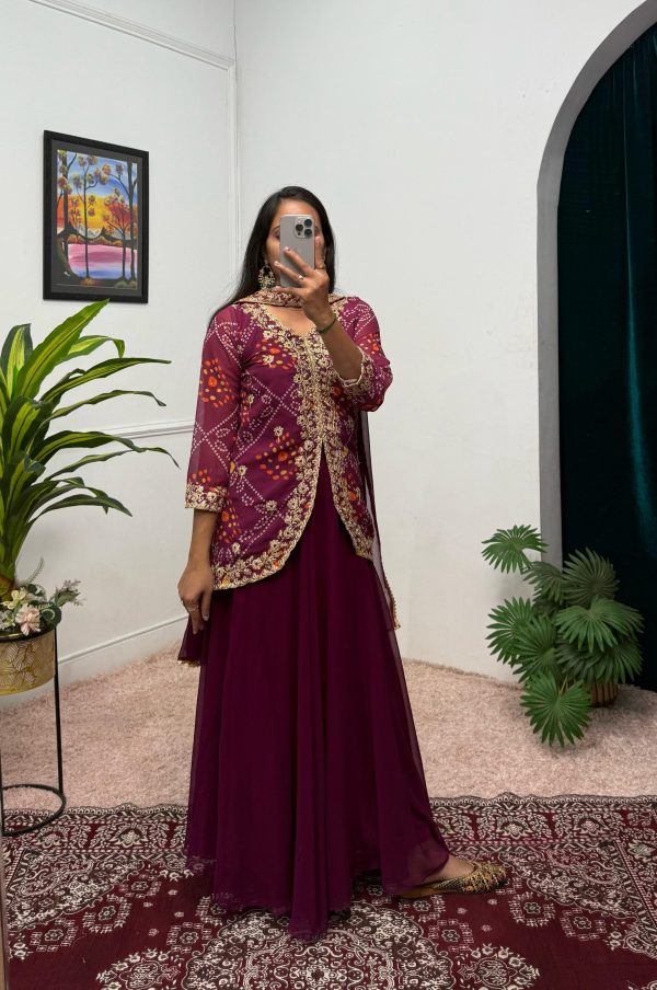 Wine Printed Faux Georgette Embroidery Work Salwar Suit - Image 2