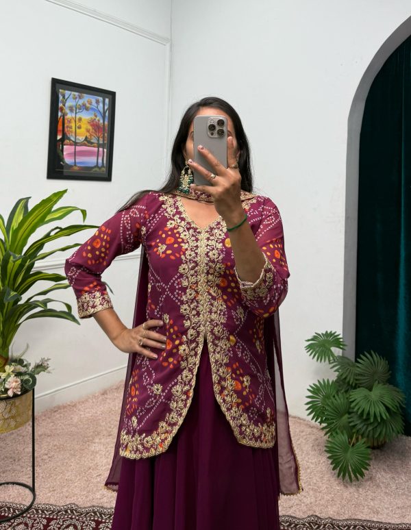 Wine Printed Faux Georgette Embroidery Work Salwar Suit - Image 3