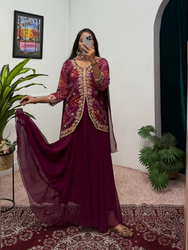 Classic Wine Color Printed Faux Georgette Embroidery Work Salwar Suit