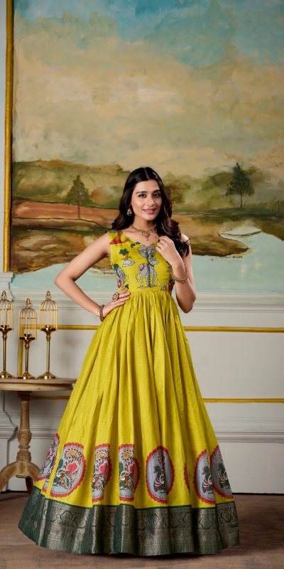 Classic Yellow Color Dola Silk Kalamkari Print Zari Weaving Broder Gown