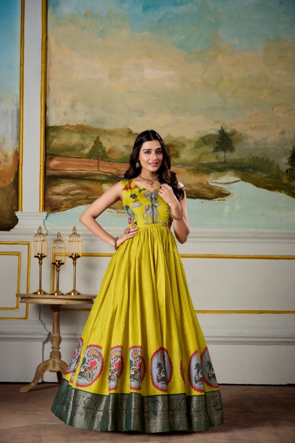 Classic Yellow Color Dola Silk Kalamkari Print Zari Weaving Broder Gown