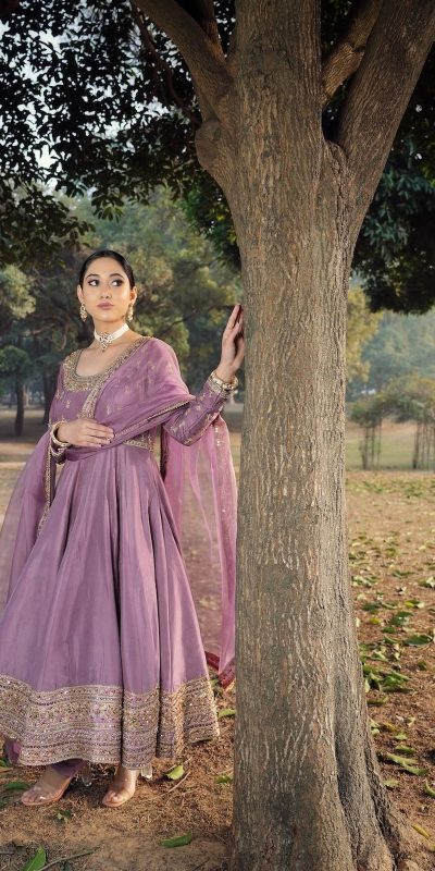 Cool Light Purple Color Roman Silk Embroidery Sequence Work Gown