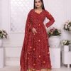 Cool Red Color Georgette Print With Lace Work Gown