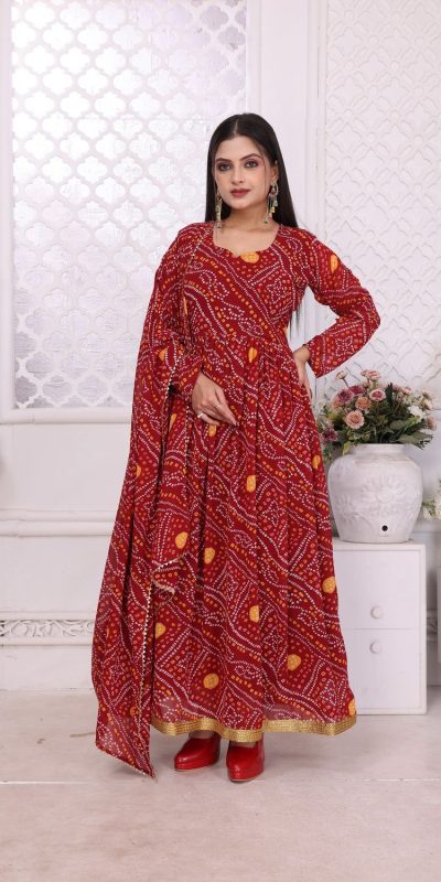 Cool Red Color Georgette Print With Lace Work Gown