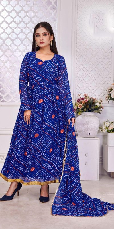 Cool Royal Blue Color Georgette Print With Lace Work Gown