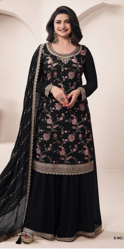 Dazzling Black Color Chinon Multi Work Salwar Suit