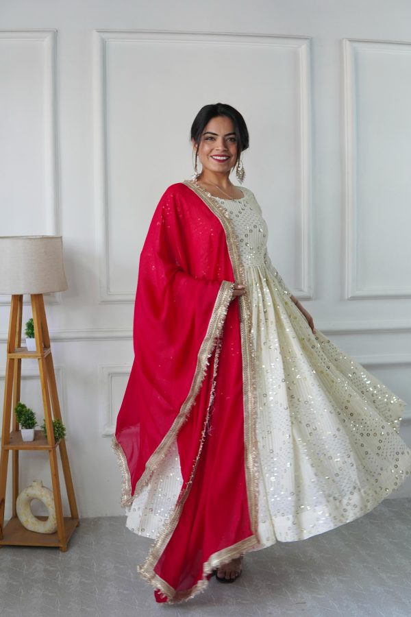 Dazzling Half White Color Georgette Embroidery Work Gown