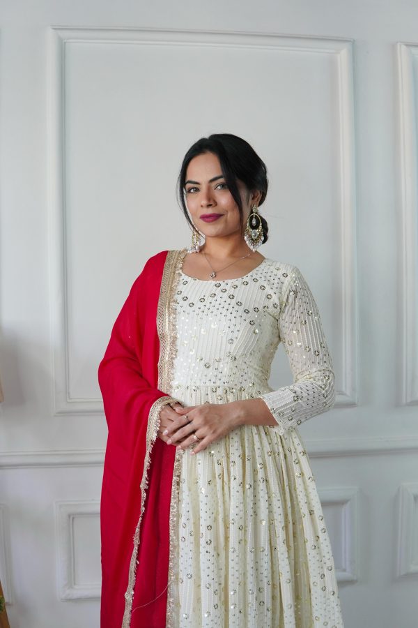 Half White Georgette Embroidery Work Gown - Image 4