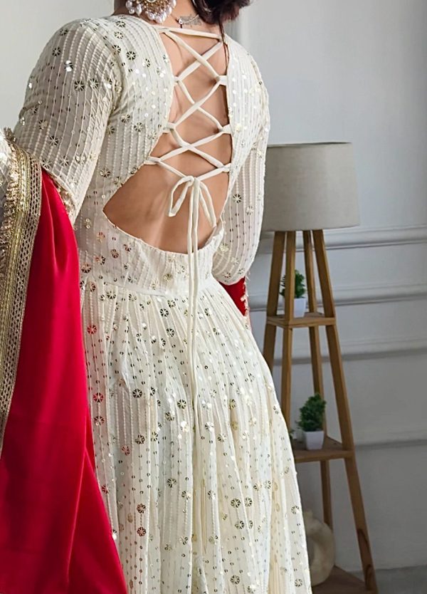 Half White Georgette Embroidery Work Gown - Image 5