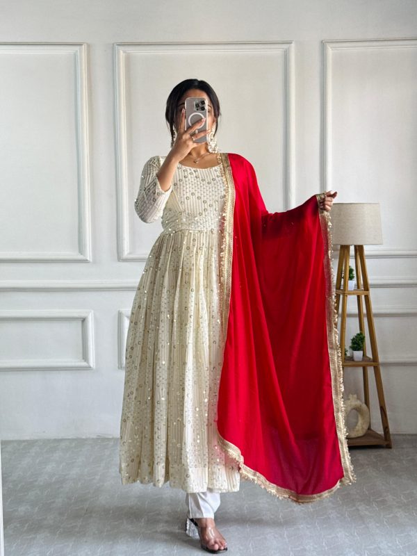Half White Georgette Embroidery Work Gown - Image 6