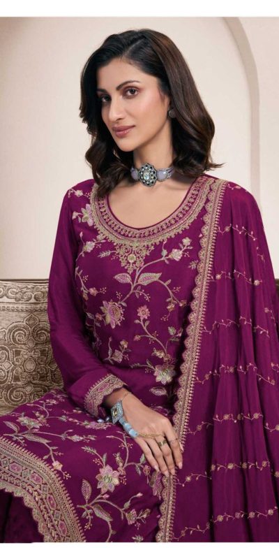 Dazzling Wine Color Chinon Multi Work Salwar Suit