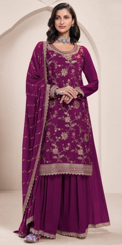 Dazzling Wine Color Chinon Multi Work Salwar Suit