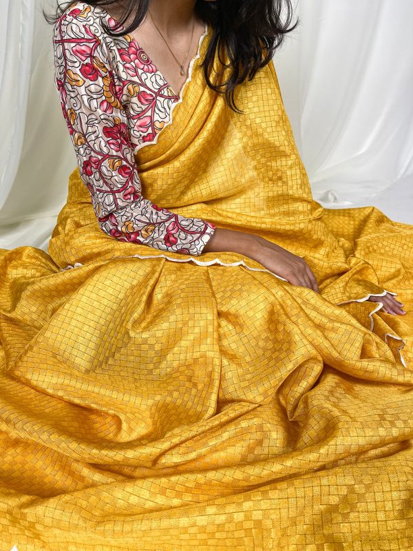 Yellow Gadwall Chex Arce Work Saree - Image 3