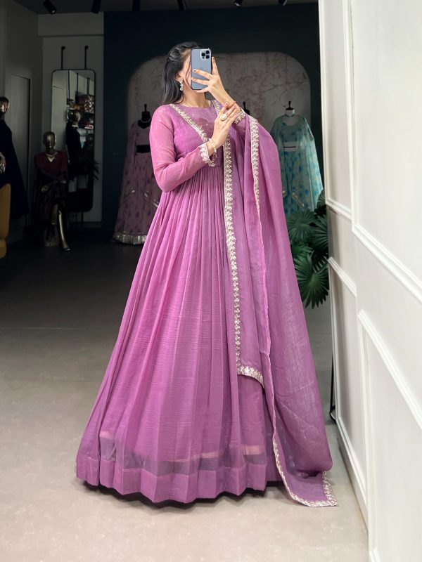 Purple Silver Glory Hotfix Sequins Thread Work Gown - Image 3
