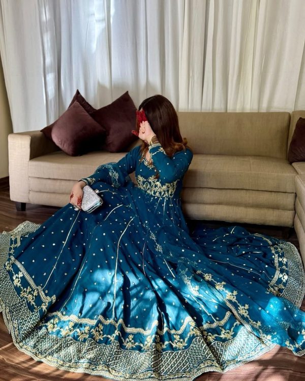Rama Blue Star Georgette Embroidery Work Gown - Image 3