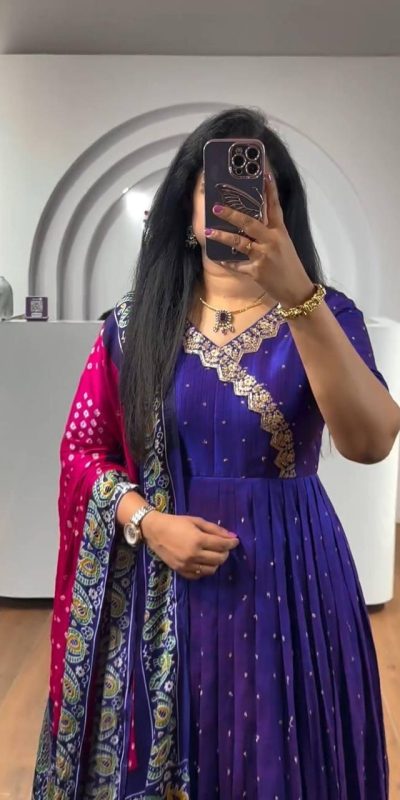 Elegant Royal Blue Color Chinon Thread Sequence Work Gown