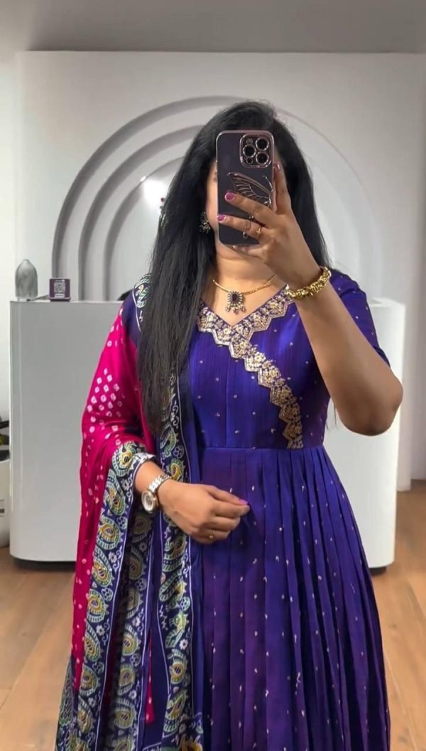Elegant Royal Blue Color Chinon Thread Sequence Work Gown