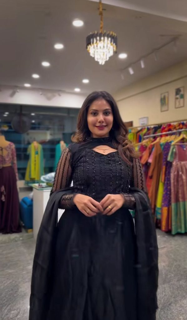 Black Sequence Embroidery Work Gown - Image 2