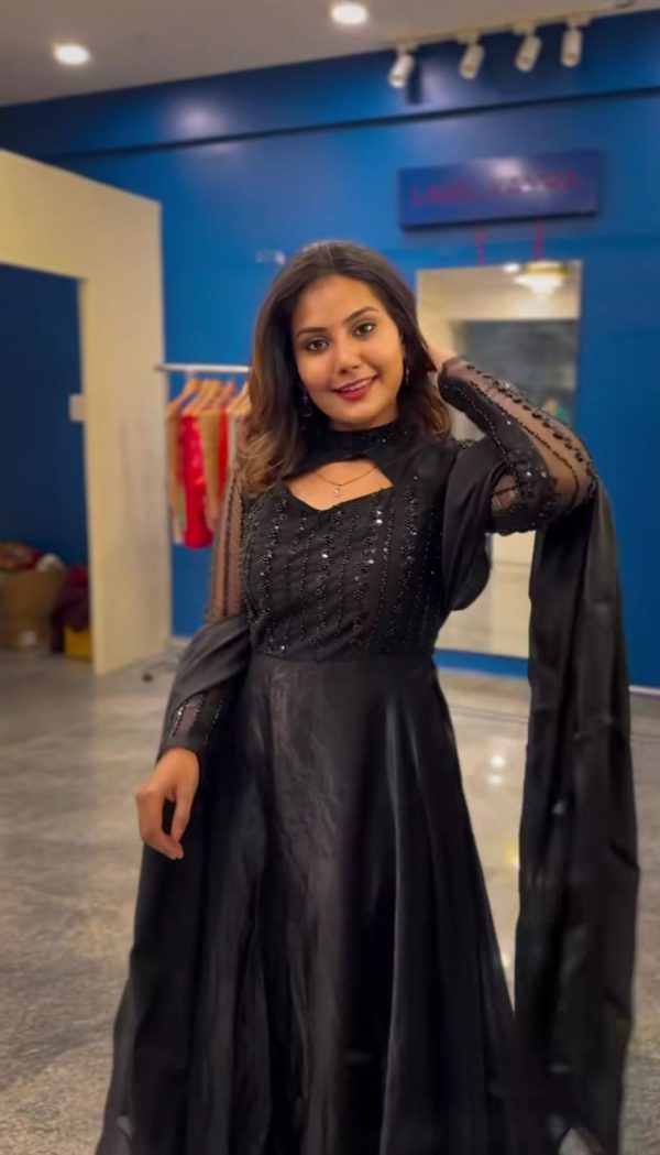 Black Sequence Embroidery Work Gown - Image 3