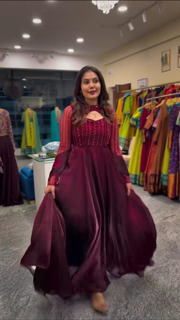 Red Sequence Embroidery Work Gown - Image 2
