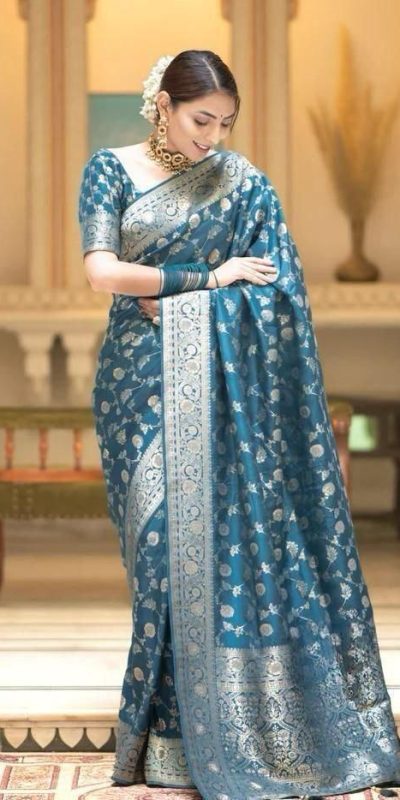 Fancy Blue Color Soft Litchi Silk Kubera Pattu Saree