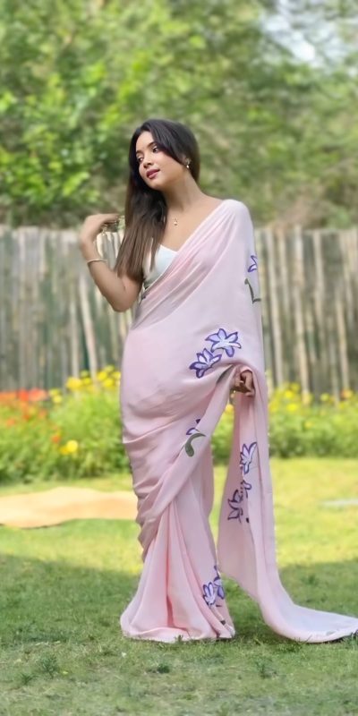 Fancy Pink Color Pure Soft Georgette Silk Pari Work Saree