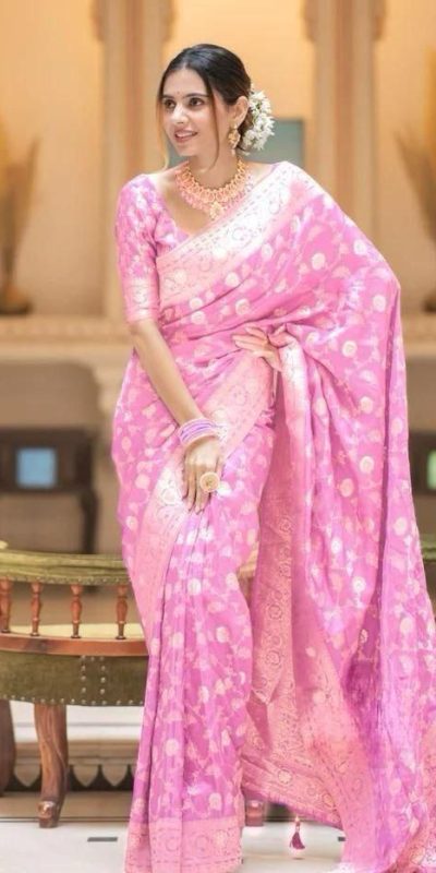 Fancy Pink Color Soft Litchi Silk Kubera Pattu Saree