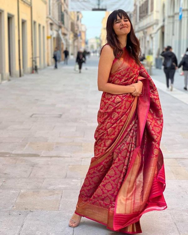 Red Soft Litchi Silk Jacquard Work Saree - Image 3